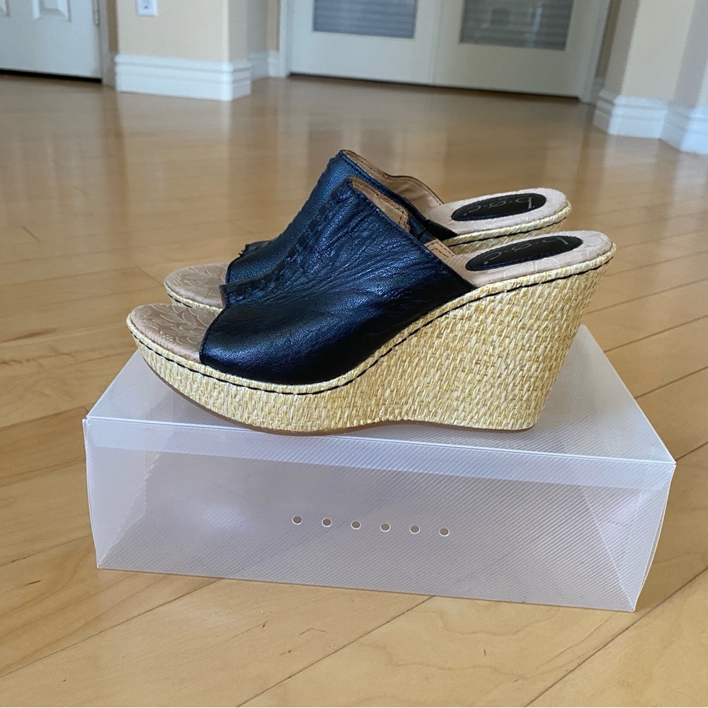 b.o.c. Black Leather with Tan Wicker Wedge